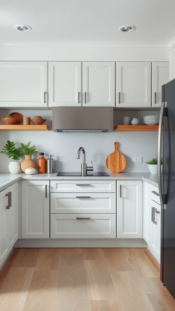 Modern kitchen with white cabinets and wooden shelves.