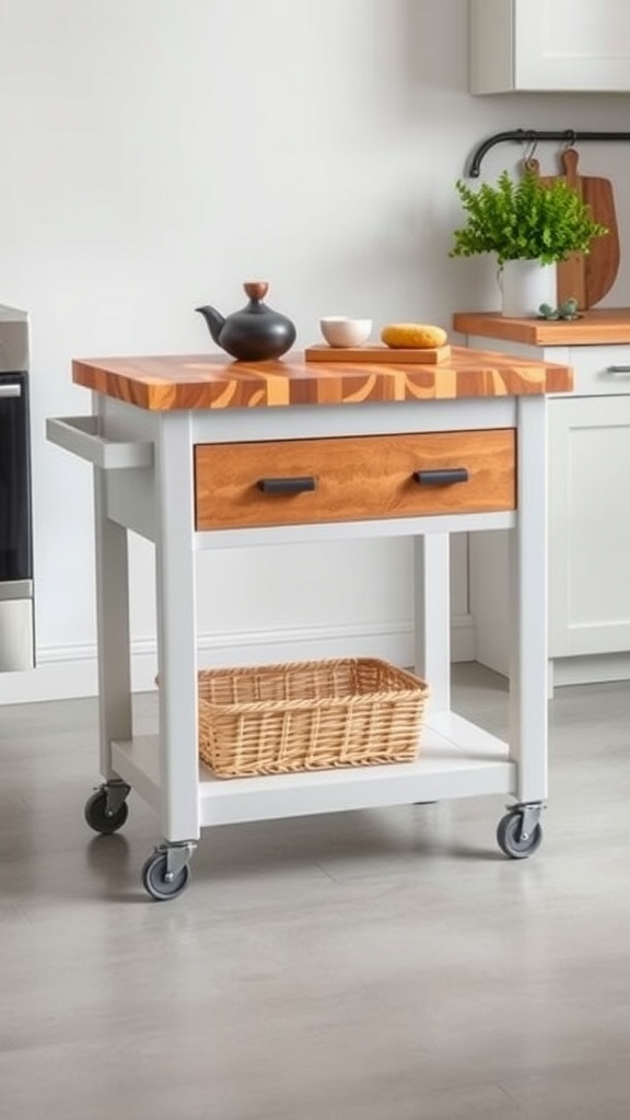 A portable kitchen cart with a butcher block top, white frame, and wheels for mobility.