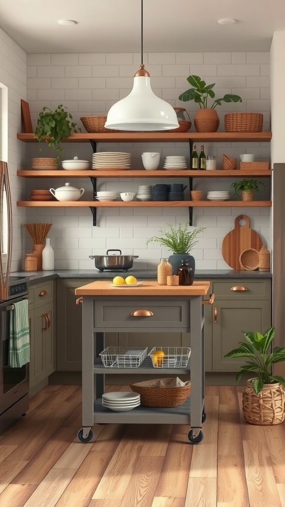 A modern kitchen with a portable cart featuring a wooden top and wheels, surrounded by plants and shelves.