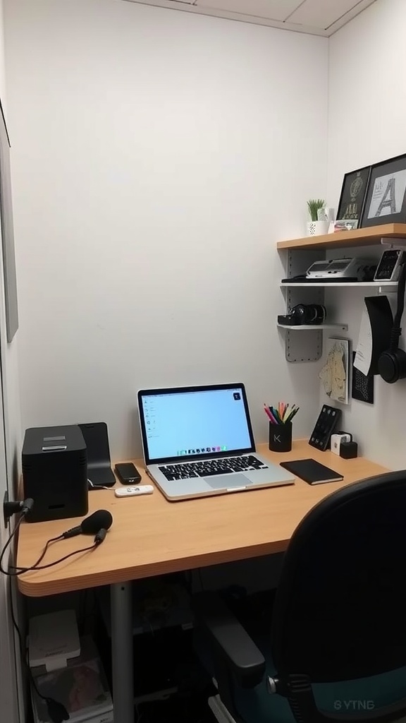 Compact portable office setup with laptop, phone, and microphone on a clean desk against a white wall.