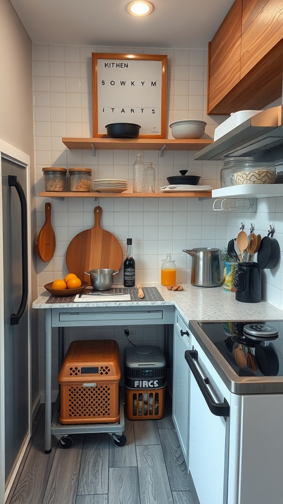 A compact kitchen featuring a portable work station with a movable cart and open shelving.