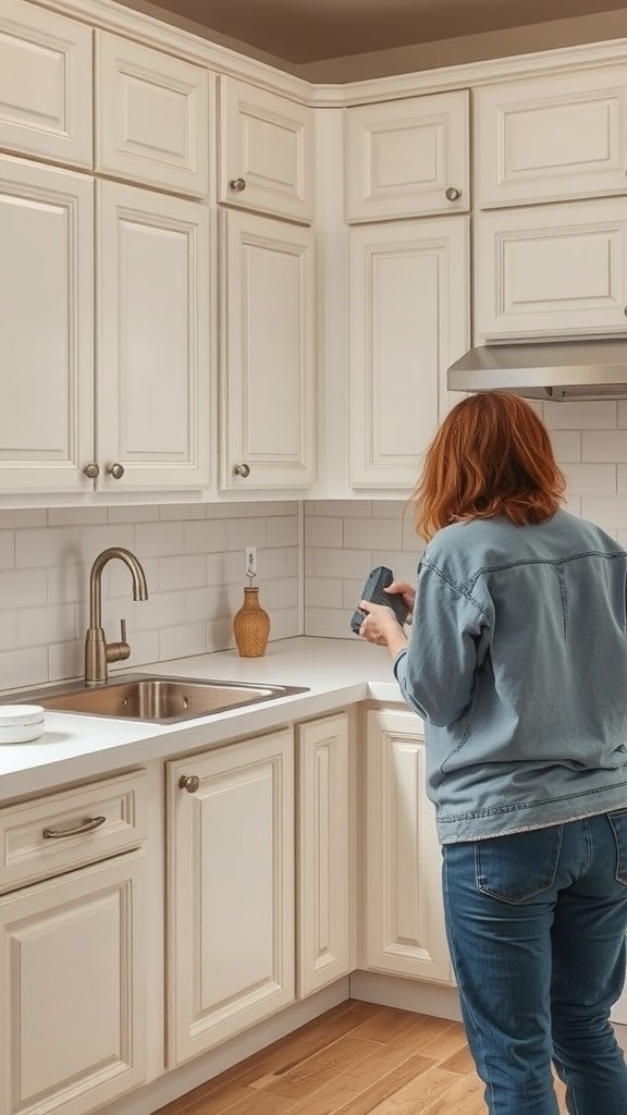 A person prepping kitchen cabinets for painting, showcasing white cabinets and a clean kitchen environment.