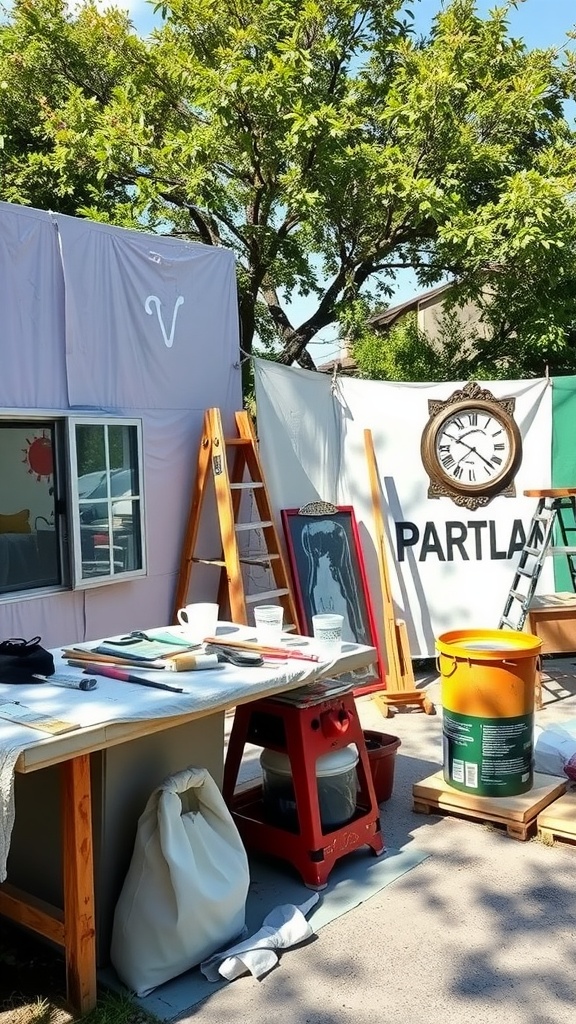 A well-organized outdoor workspace with tools, paint containers, and a tree providing shade, ready for painting.