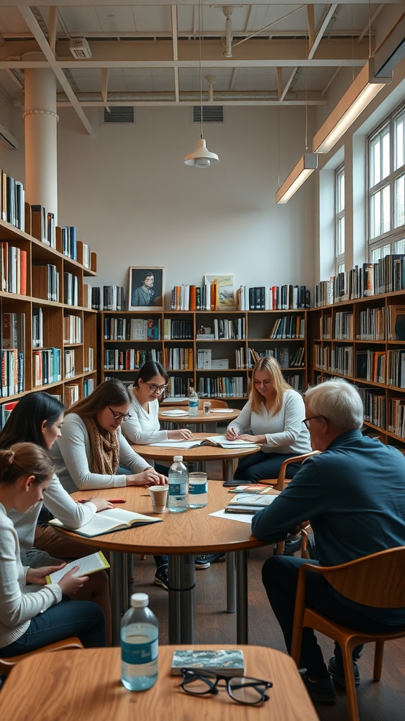 Group of people studying together in a modern library