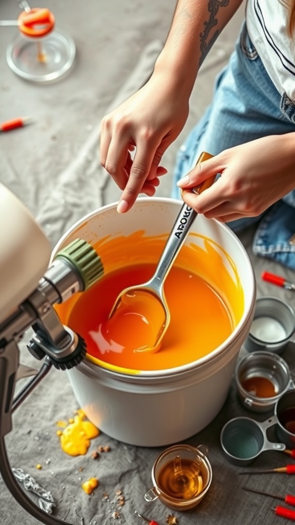 A person mixing bright orange paint in a bucket, preparing it for a paint sprayer.