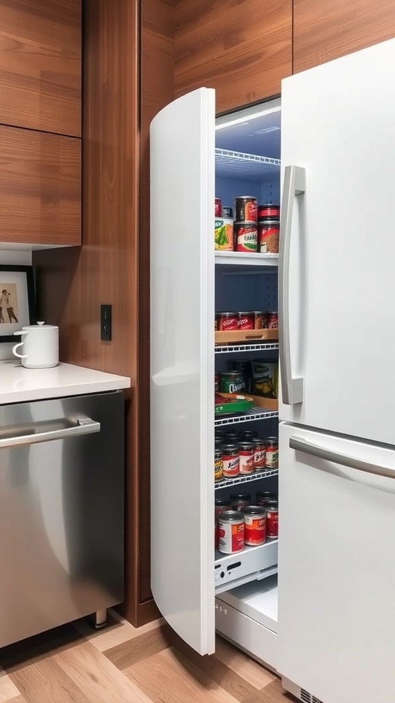 A white refrigerator with a pull-out pantry filled with canned goods and spices in a modern kitchen.