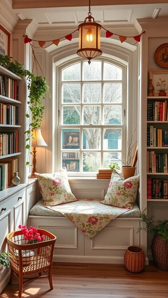 Cozy cottage library with a window seat adorned with floral cushions, bookshelves, and natural light.