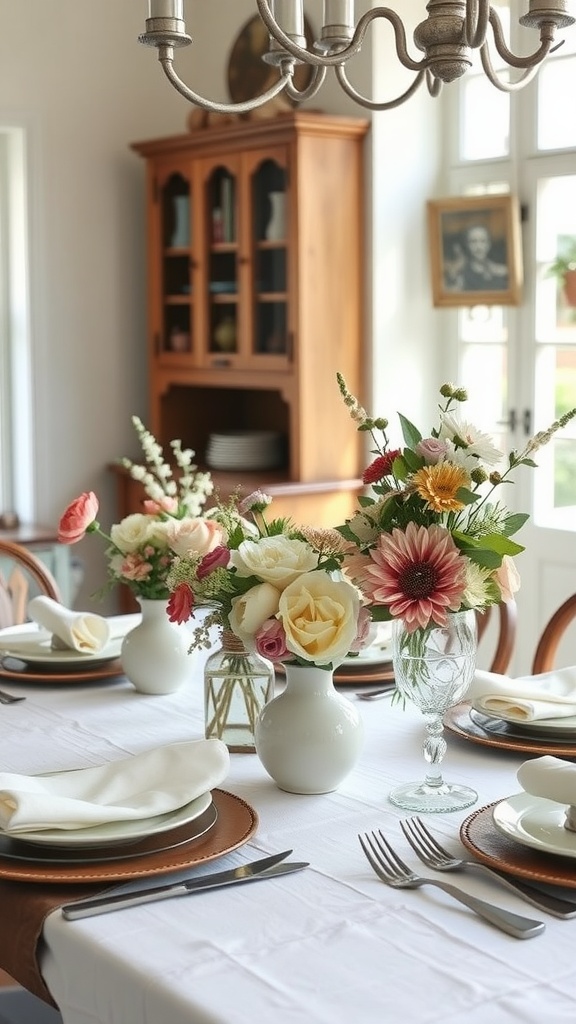 A cozy dining room table set with floral centerpieces and elegant tableware.