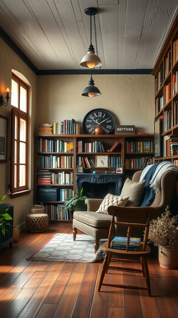 Cozy reading corner in a rustic farmhouse living room with a chair, bookshelf, and warm lighting.