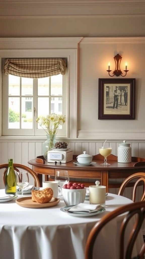 A cozy farmhouse dining room with a wooden serving station and a beautifully set table.