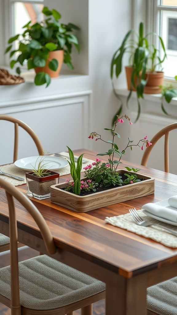 A cozy dining room table with a wooden planter filled with colorful plants and simple table settings.