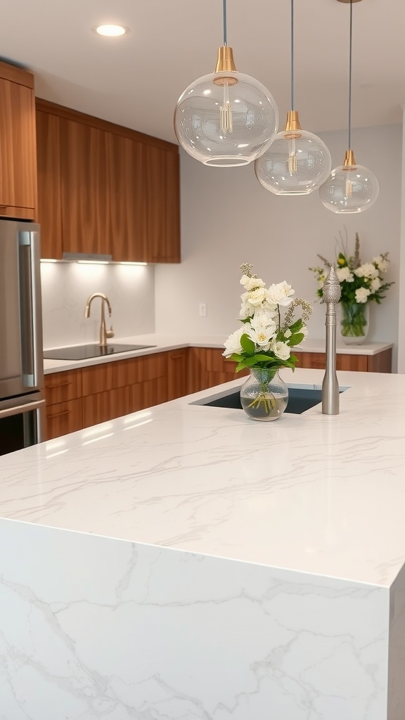 A modern kitchen with a quartz countertop peninsula, wooden cabinets, and pendant lighting.