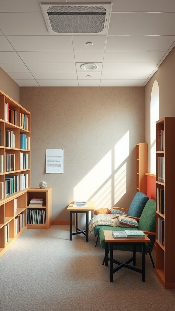 A cozy classroom reading corner with soundproofing, featuring green chairs and wooden bookshelves filled with books.