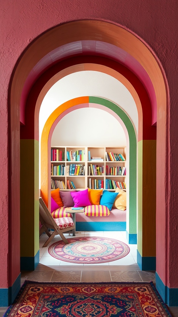 A colorful reading nook with arches in bright colors featuring shelves of books and cozy seating.