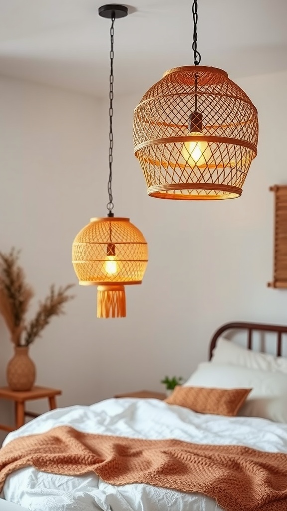 A cozy bedroom featuring two rattan pendant lamps hanging from the ceiling, illuminating the space with a warm glow.