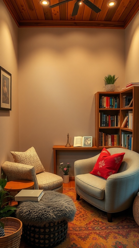 Cozy reading nook with comfy seating, bookshelves, and a warm atmosphere.