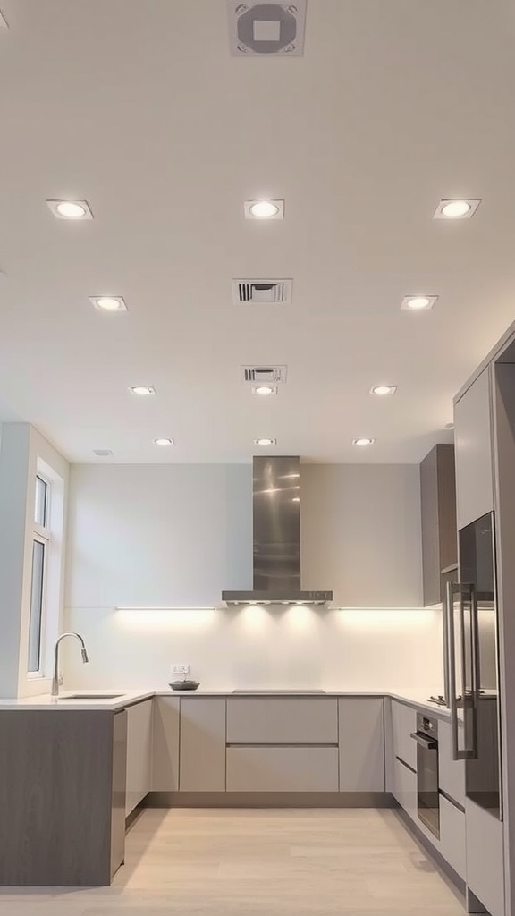 A modern kitchen with recessed lighting in the ceiling, featuring sleek cabinets and a well-lit workspace.