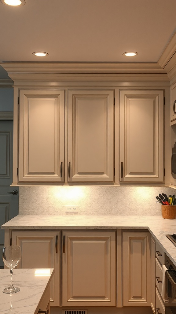 Kitchen cabinets with recessed lighting accentuating their design.