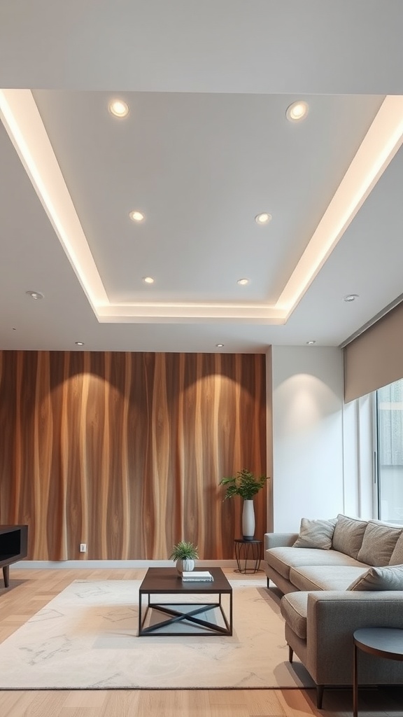 Stylish living area with recessed lighting and wooden wall accent