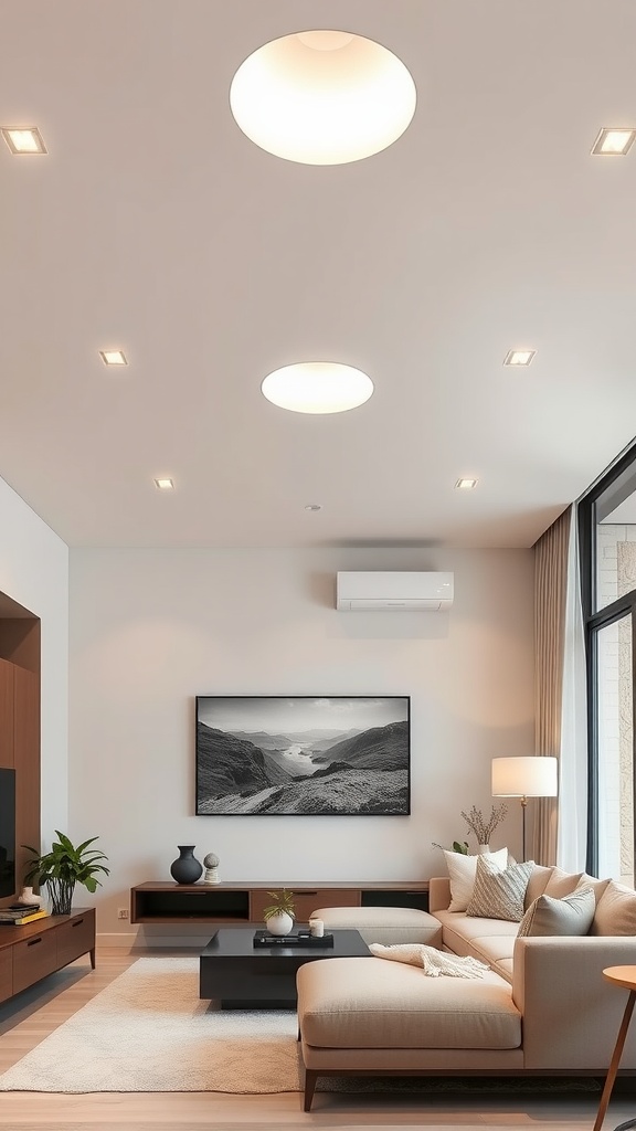 A modern living room with recessed lighting, showcasing a cozy couch, a black coffee table, and a large wall-mounted TV