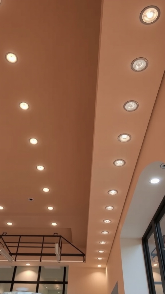 Ceiling with recessed lighting showcasing a warm peach color.