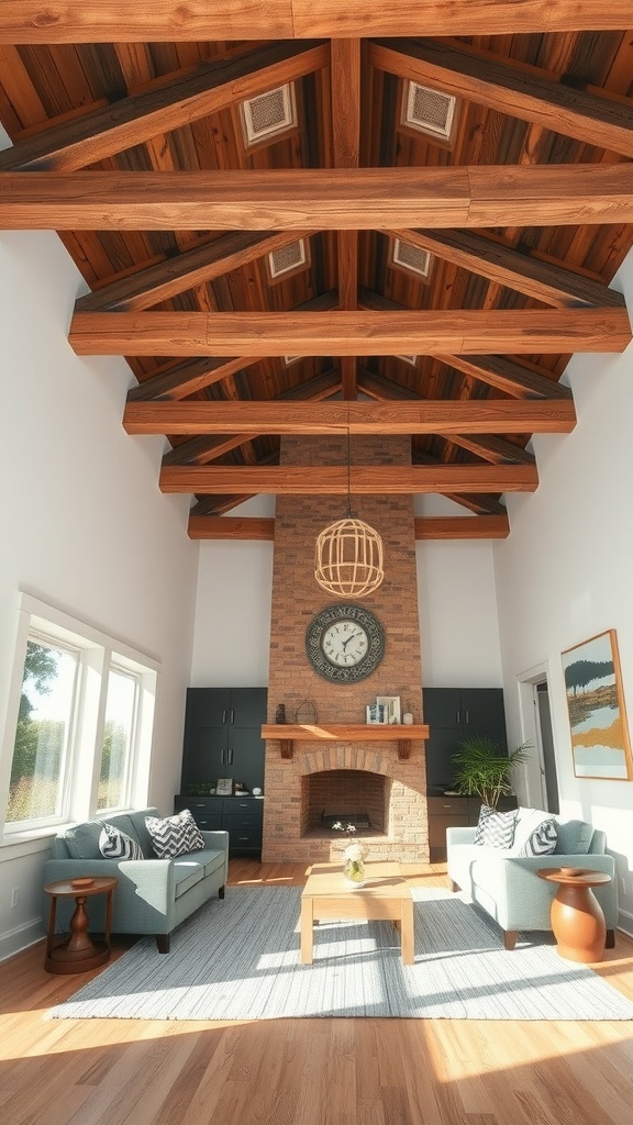 Rustic living room with reclaimed wood beams and cozy seating