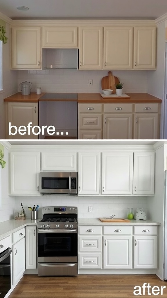 Comparison of kitchen cabinets before and after refinishing