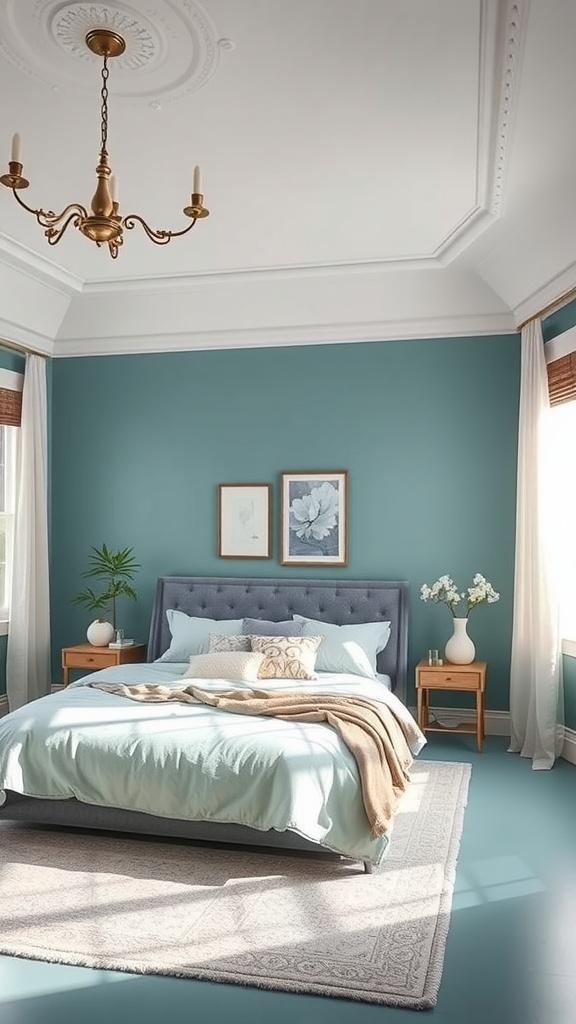 A beautifully styled bedroom with walls painted in Reflecting Pool SW 6486, featuring a cozy bed and stylish decor.