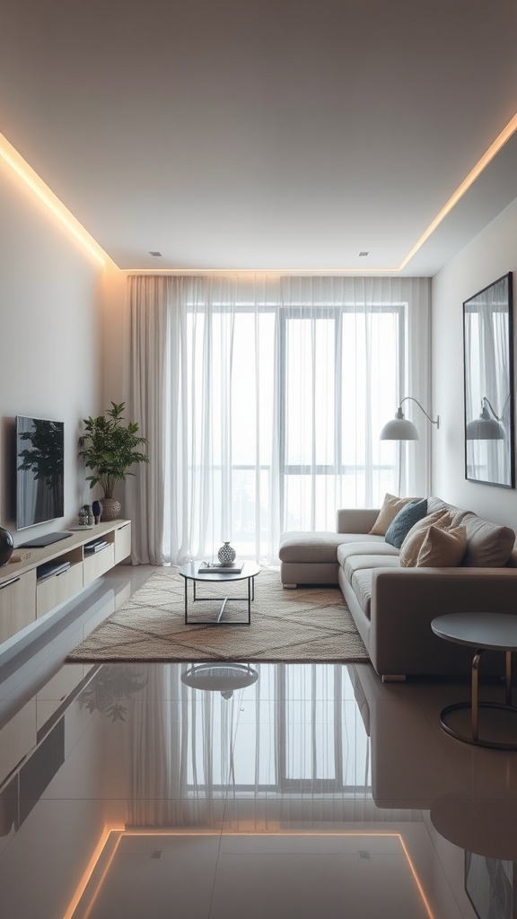 Cozy living room with reflective surfaces, large windows, and ambient lighting.