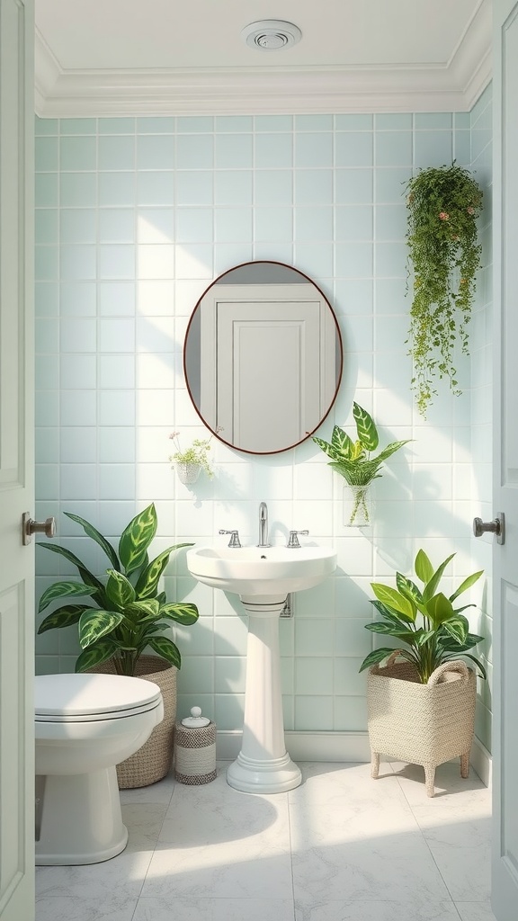 A bathroom with mint green tiled walls, light gray fixtures, and indoor plants in woven baskets.