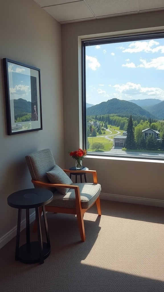 A cozy chair by a large window with a view of mountains and trees, creating a relaxation zone in an office.