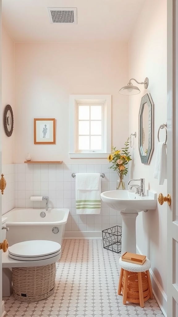 A serene bathroom featuring pink walls, a window for natural light, and simple decor including flowers and a mirror.