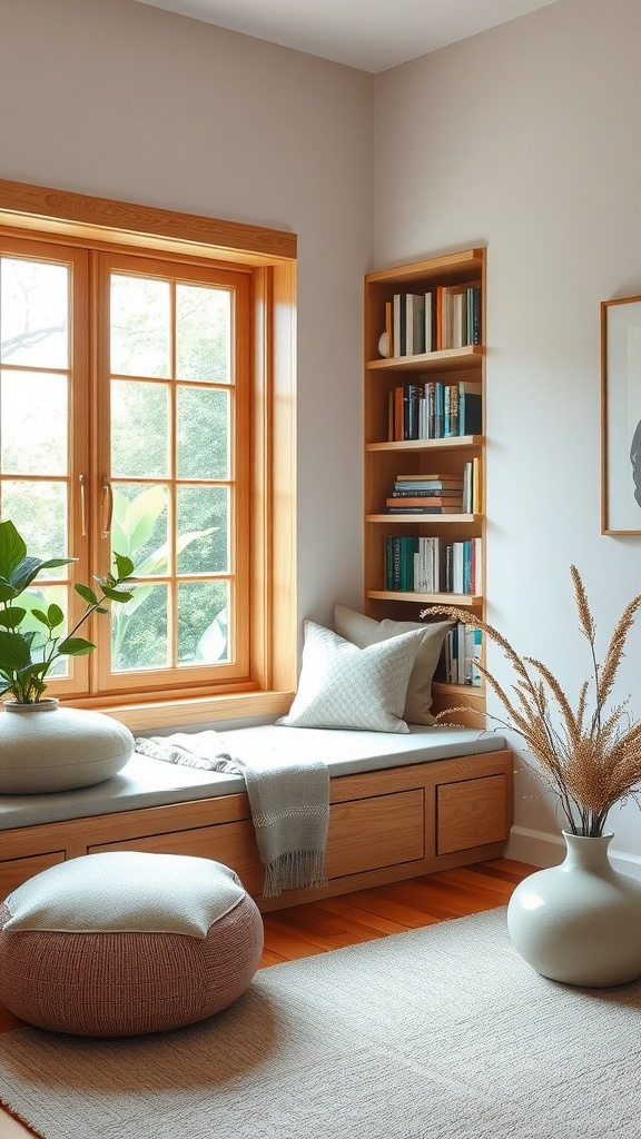 A cozy window seat with cushions and plants in a serene corner of a room, surrounded by bookshelves.