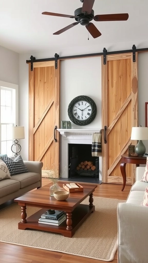 Living room featuring repurposed barn doors as decor with a cozy arrangement of furniture.
