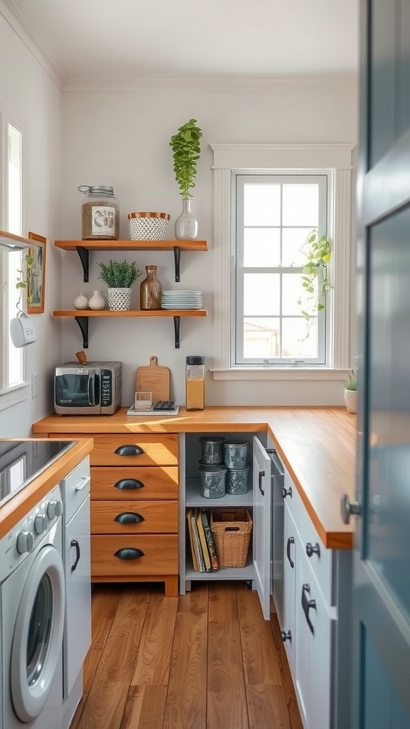 A cozy, very small kitchen featuring repurposed furniture and open shelving.