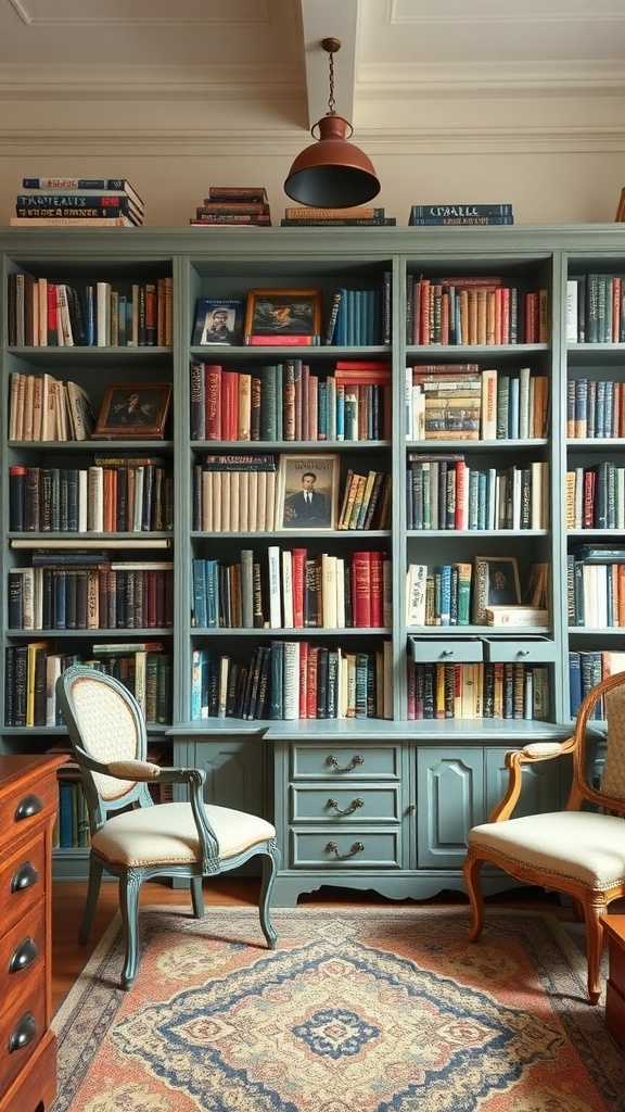 A cozy home library featuring a repurposed bookcase filled with books and personal items, complemented by stylish chairs.