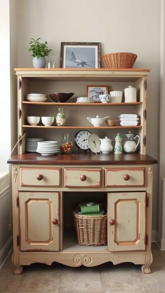 A vintage wooden storage cabinet with open shelves displaying dishes and decorative items, and closed compartments underneath.