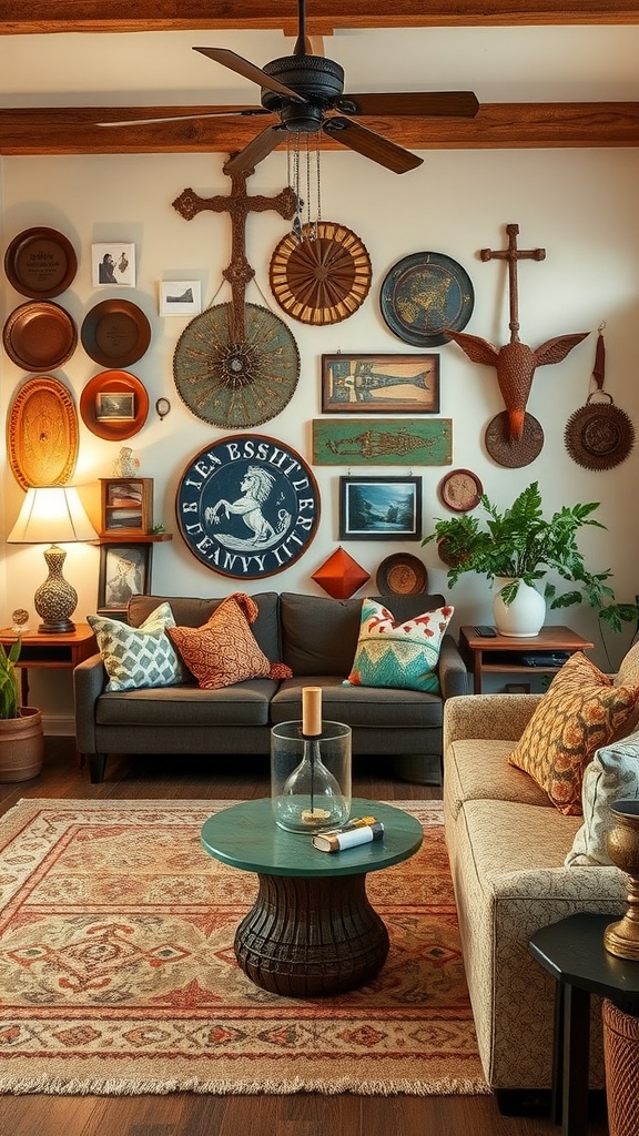 A cozy farmhouse living room featuring repurposed items as decor, including a wall display of woven baskets and framed art, with comfortable sofas and a unique coffee table.