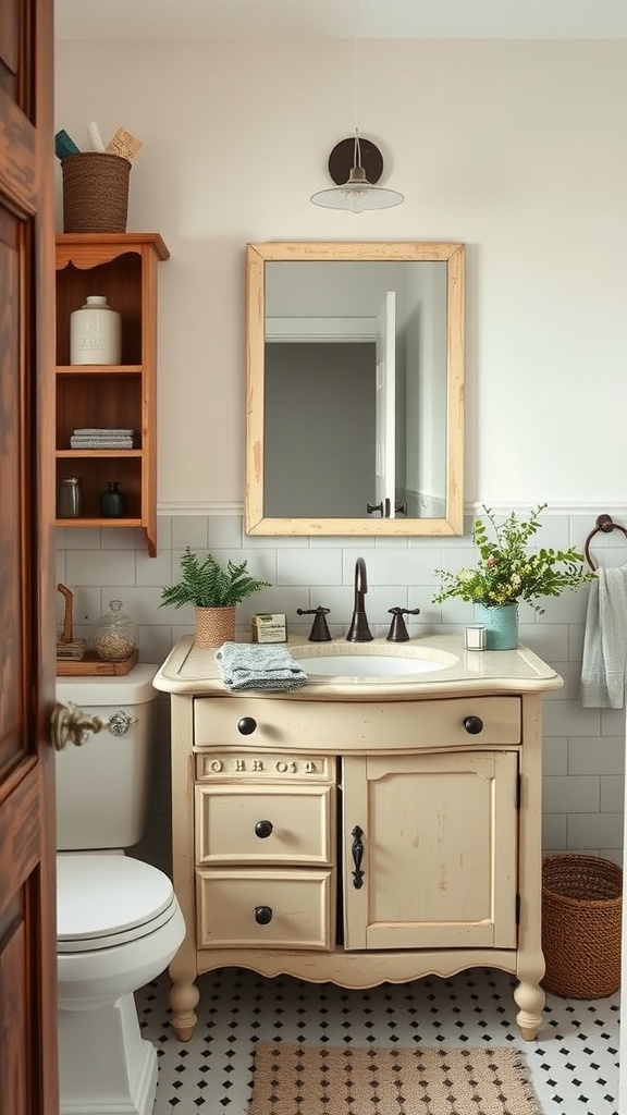 A vintage bathroom vanity with a light color, surrounded by decorative items and plants.