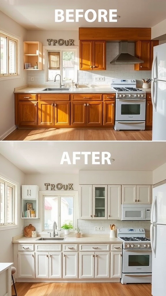 A kitchen before and after renovation showcasing repurposed cabinets.
