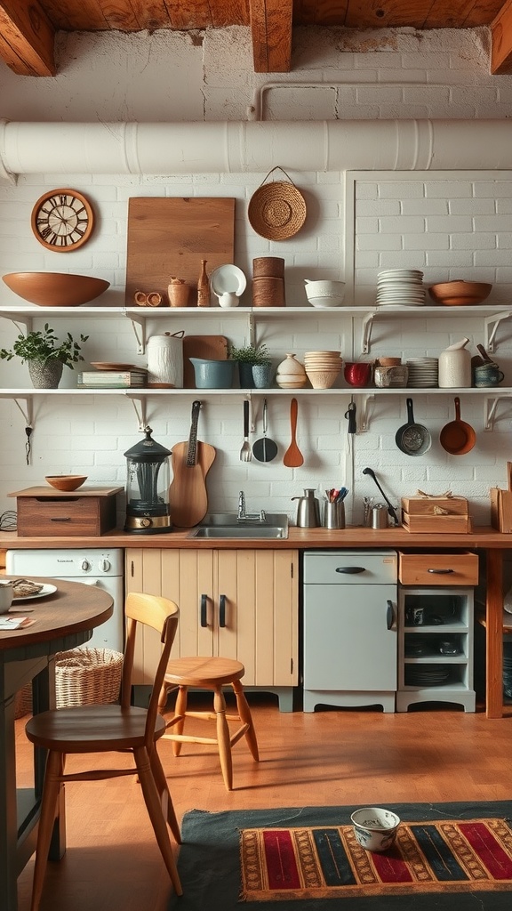 A cozy, well-organized tiny kitchen featuring wooden furniture, wall shelves, and a functional layout.