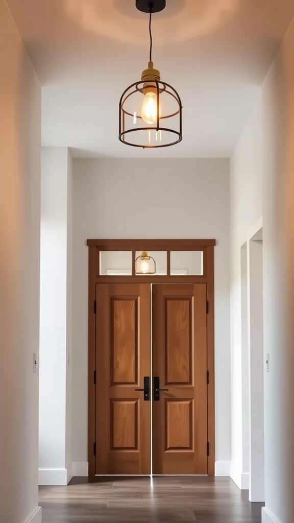 A retro-inspired pendant light hanging in a foyer above double doors.