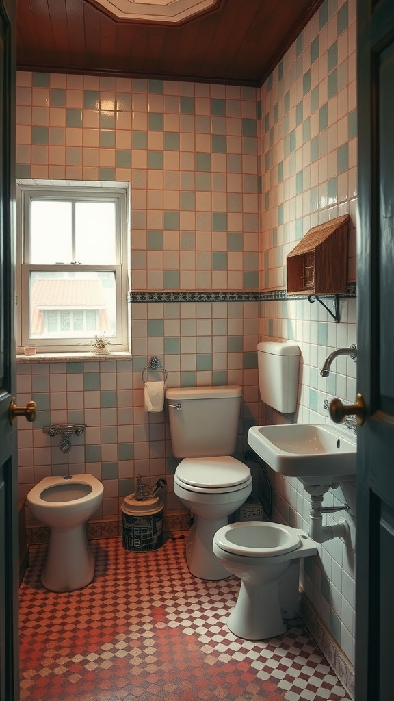 A small bathroom featuring retro tiles in pastel colors, with a vintage feel.