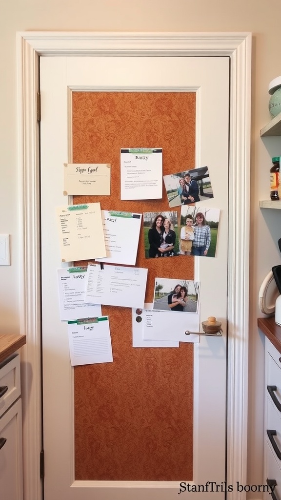 A pantry door with a corkboard displaying recipes and photos, creating an organized and inviting kitchen space.