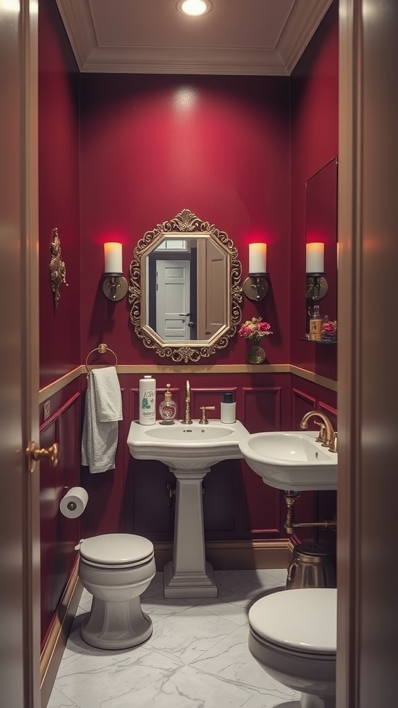 A small bathroom painted in rich berry color with elegant fixtures and decor.