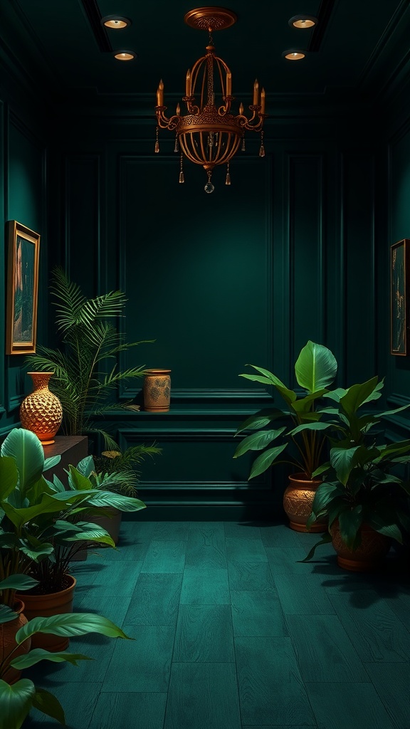 A room painted in rich emerald green with a chandelier and plants, showcasing a luxurious interior design