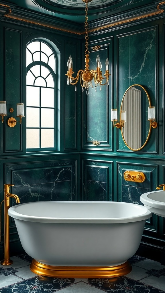 A luxurious bathroom with emerald green walls, gold accents, and a white freestanding bathtub.