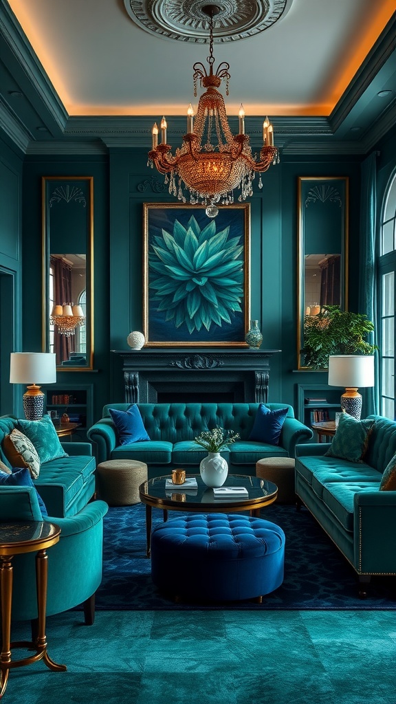 Luxurious living room with rich jewel tones, featuring teal sofas, elegant chandelier, and beautiful artwork.