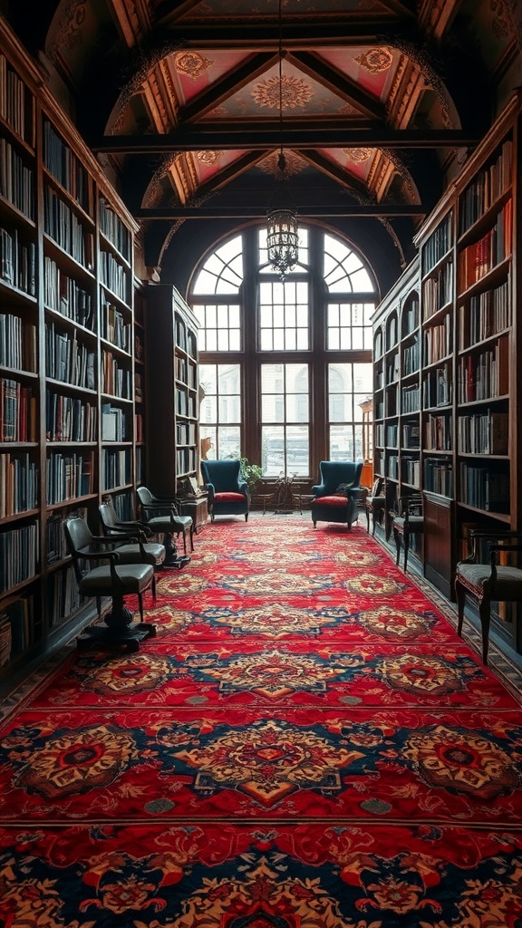 A library featuring rich jewel-toned rug, dark wooden bookshelves, and cozy seating.