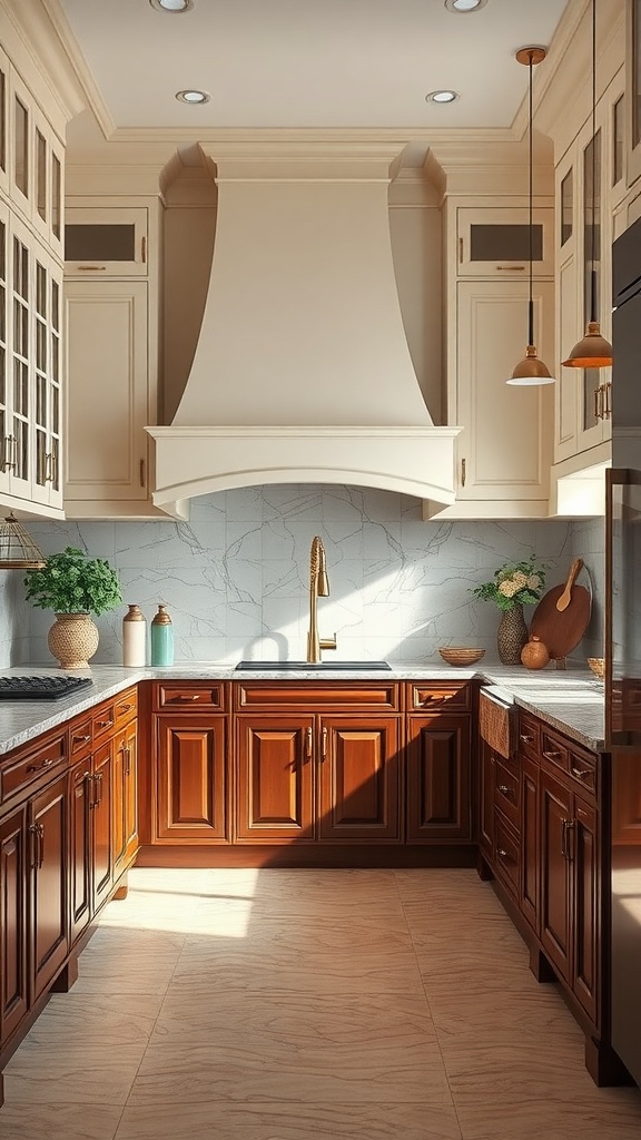 A kitchen featuring rich mahogany lower cabinets and light ivory upper cabinets, with a marble backsplash and modern fixtures.
